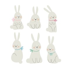 Set of cartoon bunny. Colorful vector illustration, flat style. design for greeting cards, print, poster