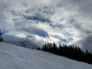 Scenic view of clouds and snow covered mountains at Big Ski Ski Resort on a winter day