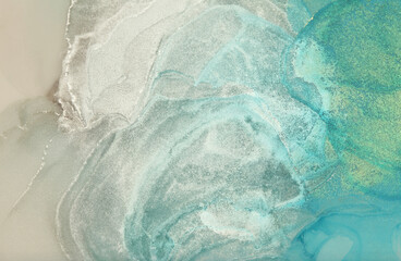  Abstract art blue and pearl white glitter wave watercolor background. Marble texture. Alcohol ink.