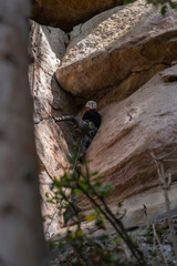 Rock Climber climbing the route Para mis amigos in Suesca Colombia