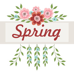 Frame with pink and purple flowers for the inscription. Vector illustration on white background.