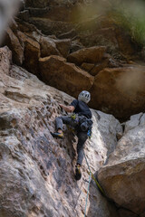 Rock Climber climbing the route Para mis amigos in Suesca Colombia