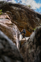 Rock Climber climbing the route Para mis amigos in Suesca Colombia
