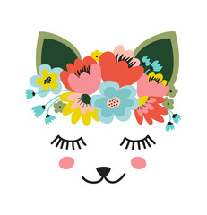 The face of a cute cat, a wreath of flowers on his head. Eyes closed and smiling. Vector illustration on a white background.
