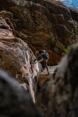 Rock Climber climbing the route Para mis amigos in Suesca Colombia