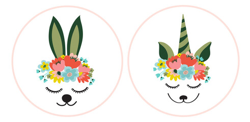 Fototapeta na wymiar The face of a cute unicorn and hare, a wreath of flowers on his head. Eyes closed and smiling. Vector flat illustration
