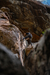 Rock Climber climbing the route Para mis amigos in Suesca Colombia