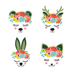 The face of a cute deer, hare, kitten and bear, a wreath of flowers on his head. Animals head eyes closed and smiling. Vector flat illustration.