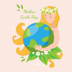 Illustration of Mother Earth Day with a girl hugging earth. Blond hair and a wreath of flowers.