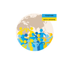 Together with Ukraine. A simple illustration with people in the form of icons, symbols showing solidarity with Ukraine and asking for help. No war