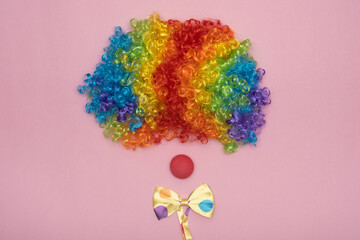 Funny Party concept clown face formed. Wig with Red clown nose like a face, Fluffy Synthetic...