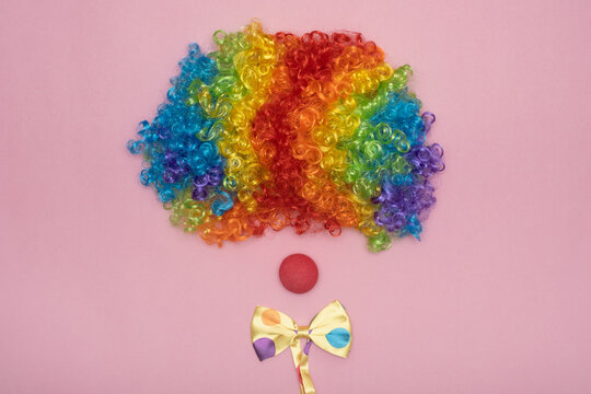 Funny Party concept clown face formed. Wig with Red clown nose like a face, Fluffy Synthetic Cosplay Anime Fancy Wigs Festive