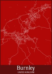Red map of Burnley United Kingdom.
