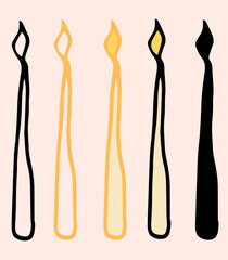 the icon is a long thin burning candle of yellow color. Vintage hand-drawn candle set with orange and black outline of doodles and silhouette on white for Vintage design template