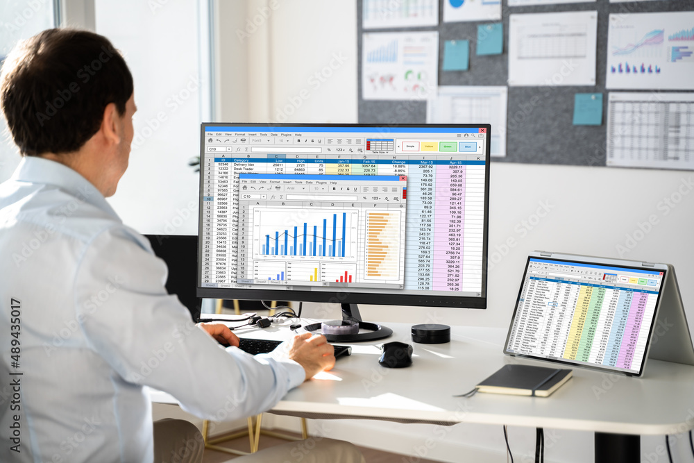 Poster analyst working with spreadsheet business data