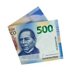 Single folded mexican peso bill isolated on white background