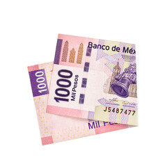 Single folded mexican peso bill isolated on white background