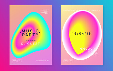 Music Party. Electronic And Discotheque Template. Fun Sound Poster. Futuristic Background For Brochure Vector. Wavy Glitch For Presentation. Blue And Purple Music Party
