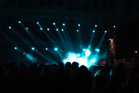 Spotlights. Concert background photo with fog effect and spotlihts on stage
