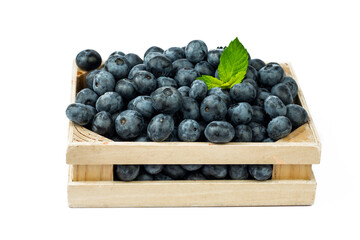Ripe blueberry in wooden box on white background.