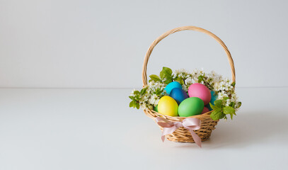 Easter eggs with cherry blossoms in a basket on white background. Easter greeting card with copy space.