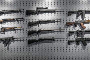Collection of rifles and carbines. Various firearms hang on special mounts on the wall. Weapon back