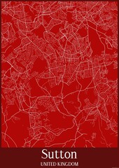 Red map of Sutton United Kingdom.