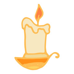 an icon of a yellow candle burning on a candlestick with a handle. candle drawn in the style of doodles, yellow-orange antique candlesticks on white for labels and logos