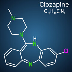 Clozapine molecule. It is dibenzodiazepine, atypical antipsychotic, neuroleptic. Used in treatment resistant schizophrenia. Structural chemical formula on the dark blue background