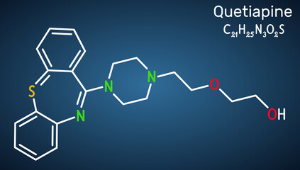 Quetiapine molecule. It is neuroleptic, atypical antipsychotic medication for the treatment of schizophrenia, bipolar disorder. Structural chemical formula, dark blue background.