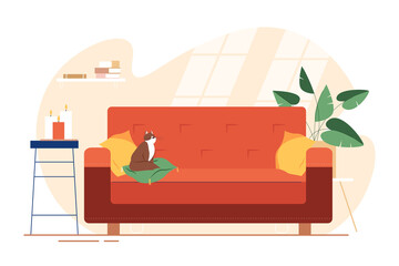 Modern sofa with coffee table and shelves. Cute minimalist interior with pet. Home plants and decorative elements. Cozy living room flat vector illustration. Trendy scandinavian hygge interior.