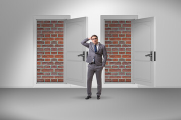Businessman facing no exit with brick door