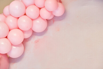 Greeting card with copy space and pink balloons. Greeting card for birthday, wedding, Valentine's day, mother's day, girl's birthday.