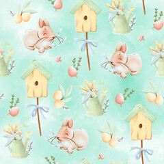 Watercolor seamless pattern with birdhouse, bunnies, leaves and eggs on green background