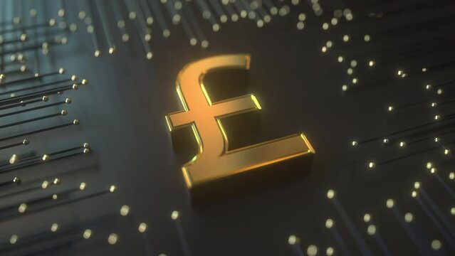 Golden pound sterling symbol on premium black technologic background. Conceptual loopable 3D animation