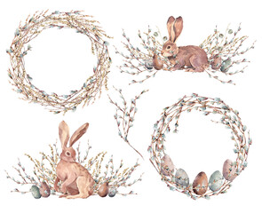 Set of Easter elements: wreaths of willow branches and yellow mimosa flowers, rabbits with bouquets, colorful Easter eggs. Painted by hand in watercolor. For cards, invitations and other Easter design