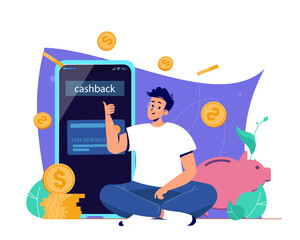 Cashback concept. Man with smartphone, money or coins goes in a piggy bank. Vector illustration in flat style. Internet banking app. Saving money, refund, online money transfer, mobile payment.