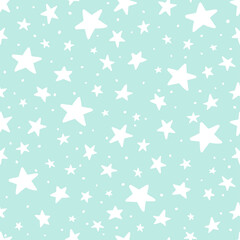 Vector Doodle Star Blue Seamless Pattern. Cute kid style hand drawn stars print on pastel green background. Sky and space texture for print, gift wrapping paper, fabric, decor, backgrounds, textile.