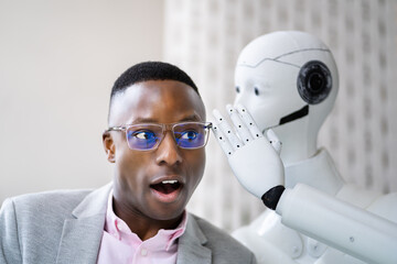 AI Cyborg Robot Whispering Secret Or Interesting Gossip
