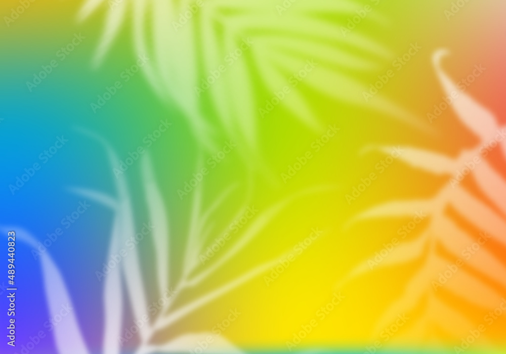 Poster Bright Multicolored Gradient Background with Palm Leaves. Abstract Bg with Blurred Tropical Elements Overlay