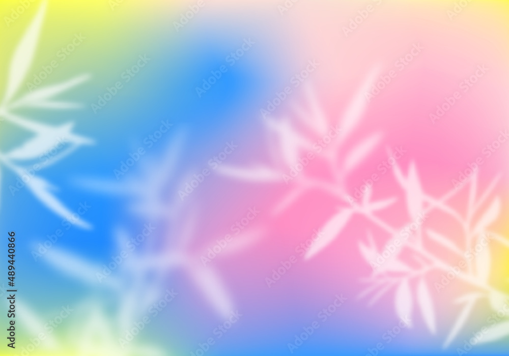 Poster Pastel Holographic Gradient Background with Branches and Leaves. Abstract Bg with Blurred Tree Leaves Overlay