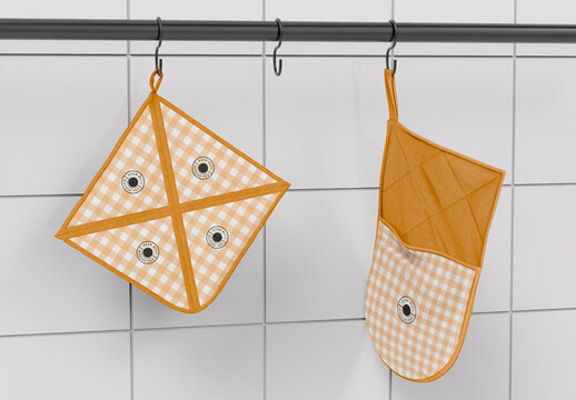 Oven Mitt and Potholder Hanged from Bar in Kitchen Mockup