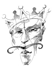 Portrait of a king with a crown. The face of the monarch with a mustache. Line drawing
