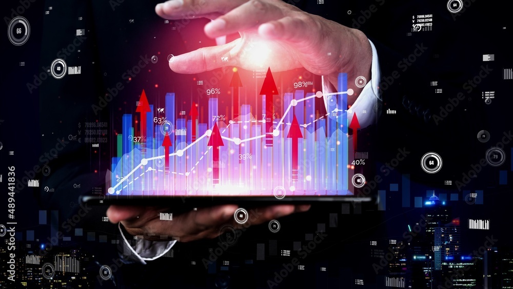 Poster double exposure image of business and finance conceptual - businessman with report chart up forward 