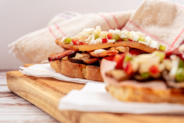 Two Typical Spanish tapas made with a brusqueta and different toppings on each one. traditional spanish cuisine