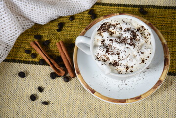 table with coffee cup with cookies cheese breakfast snack