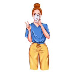 Ukrainian girl illustration. Russian flag. Selfie girls. Peace, friendship concept