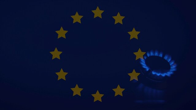 image overlay of the European flag and gas stove - Powered by Adobe