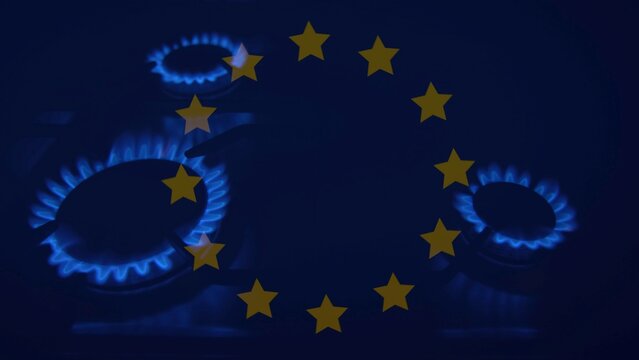 image overlay of the European flag and gas stove - Powered by Adobe