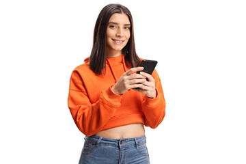 Smiling young female using a smartphone